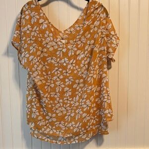 CAbi Floral V-Neck Blouse - Mustard and White